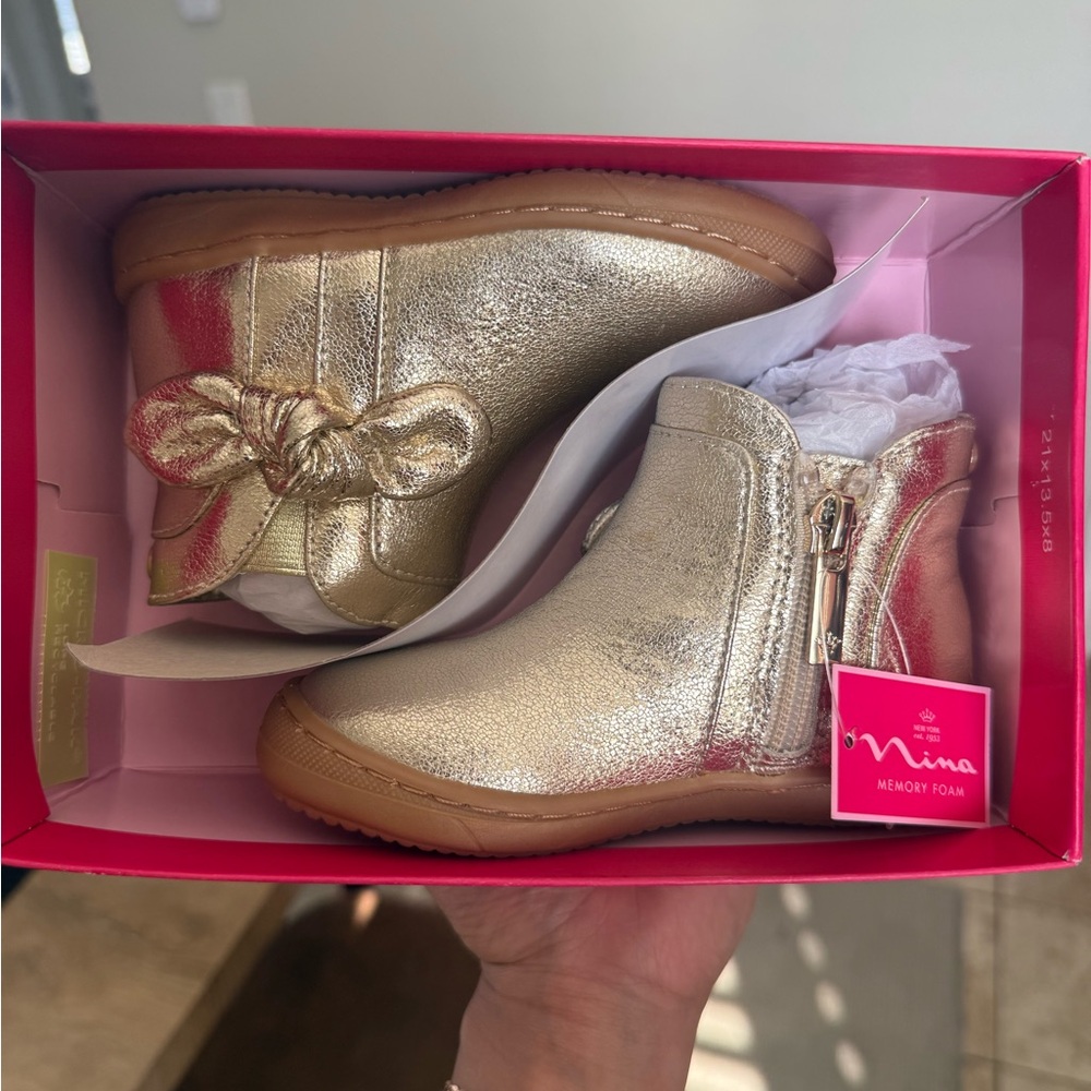 Nina Metallic Gold Toddler Zip Booties with Bow Accent